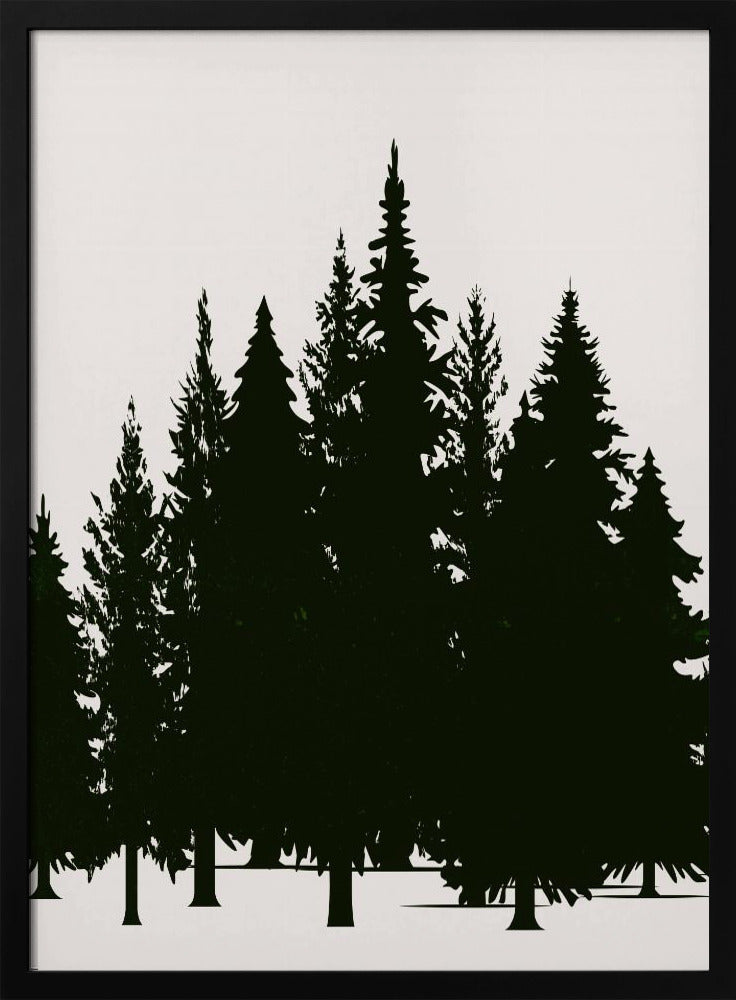 A minimalist framed artwork featuring a dense forest of evergreen trees rendered as dark green silhouettes against a plain, off-white background. Artwork