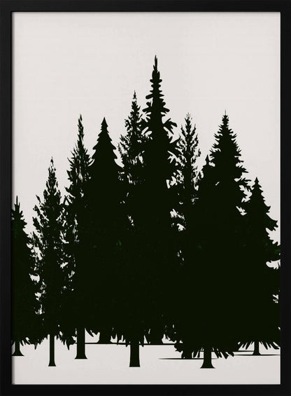 A minimalist framed artwork featuring a dense forest of evergreen trees rendered as dark green silhouettes against a plain, off-white background. Artwork