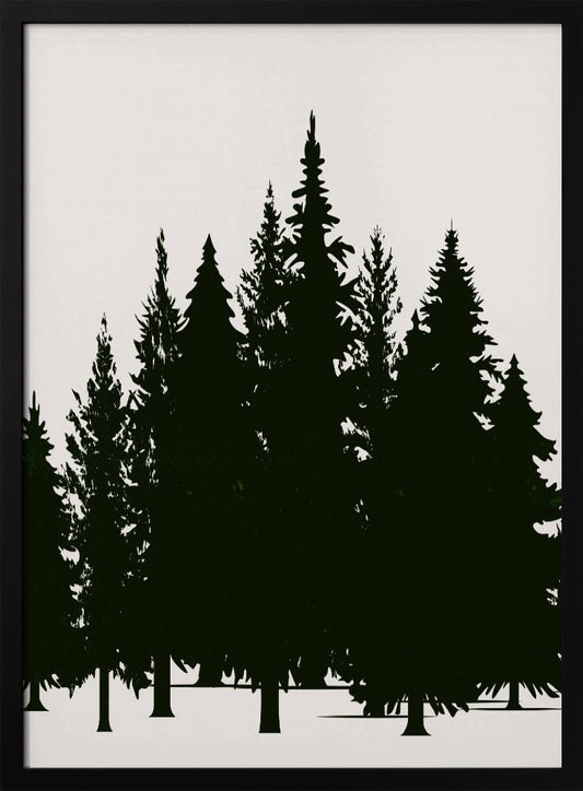 A minimalist framed artwork featuring a dense forest of evergreen trees rendered as dark green silhouettes against a plain, off-white background. Artwork