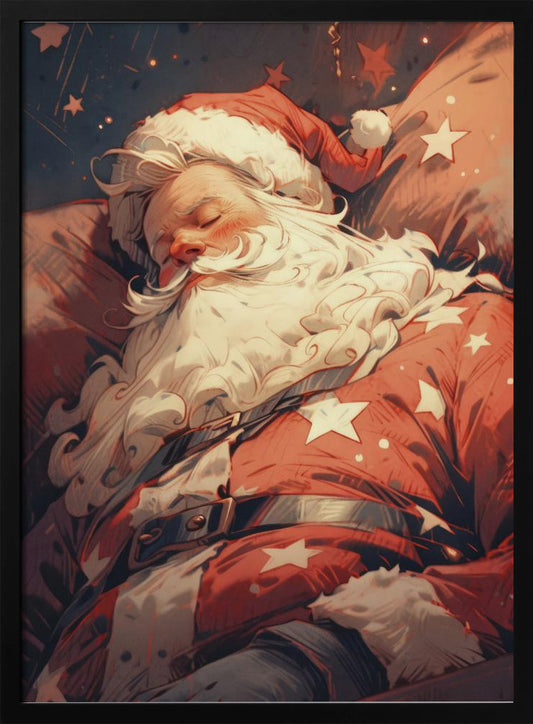 A stylized illustration of Santa Claus sleeping soundly. He wears his classic red suit with white stars and a matching hat, his head resting on a pillow. The background is a dark blue night sky filled with stars, creating a peaceful, festive atmosphere. Decor
