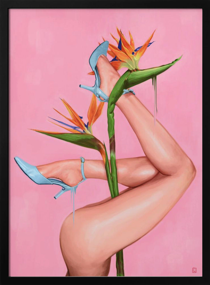 A surrealist painting of a woman's legs and a Bird of Paradise flower against a vibrant pink background. The legs, wearing light blue high heels, are wrapped around the flower's green stalk. Blue liquid drips from the shoes, adding to the dreamlike quality of the artwork. Wall Art