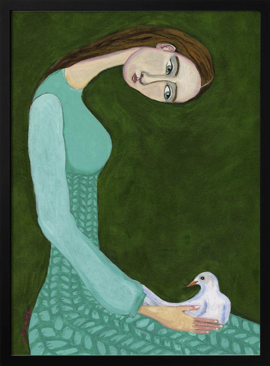 A stylized painting of a woman with a long, gracefully curved neck and brown hair against a dark olive green background. She is wearing a patterned teal dress and looking directly at the viewer while gently cradling a white dove in her hands. Artwork