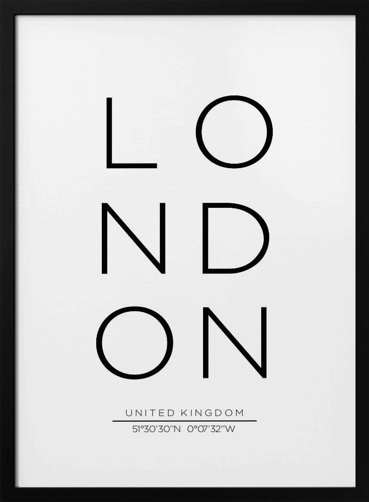 A minimalist black and white typographic poster featuring the word 'LONDON' arranged vertically in a modern sans-serif font. Below the city name, it displays 'UNITED KINGDOM' and its geographic coordinates, all enclosed within a thin black frame. Poster