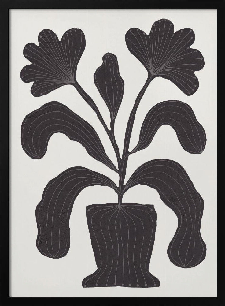 A modern black and white illustration of a stylized plant in a pot against an off-white background. The plant features large, drooping leaves and two fan-like flowers at the top. The entire black silhouette is detailed with fine, light-colored lines giving it texture and a sense of veining. Wall Art
