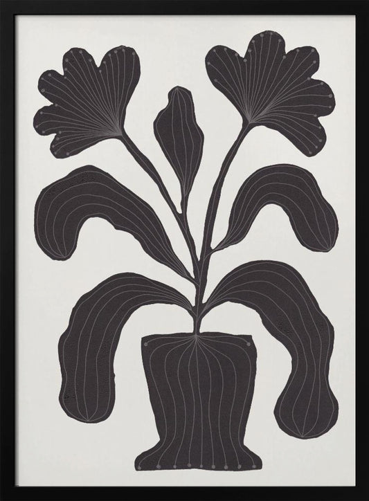 A modern black and white illustration of a stylized plant in a pot against an off-white background. The plant features large, drooping leaves and two fan-like flowers at the top. The entire black silhouette is detailed with fine, light-colored lines giving it texture and a sense of veining. Wall Art