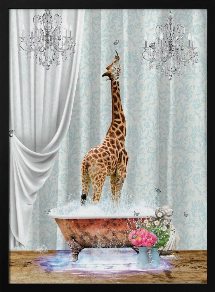 A surreal and whimsical artwork of a giraffe standing in a vintage clawfoot bathtub filled with bubbles. The bathroom is elegant, featuring light blue damask wallpaper, two crystal chandeliers, and a flowing white curtain. Butterflies flutter around the giraffe and a vase of pink and white flowers sits beside the tub. Artwork