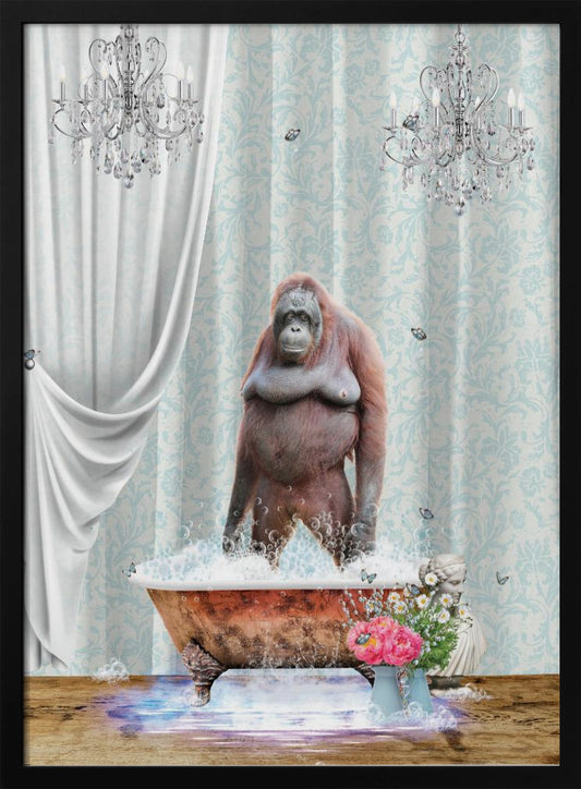 A surreal and whimsical artwork of an orangutan standing in a bubbly, vintage clawfoot bathtub inside a lavishly decorated bathroom with crystal chandeliers, light blue damask wallpaper, and elegant white curtains. Poster