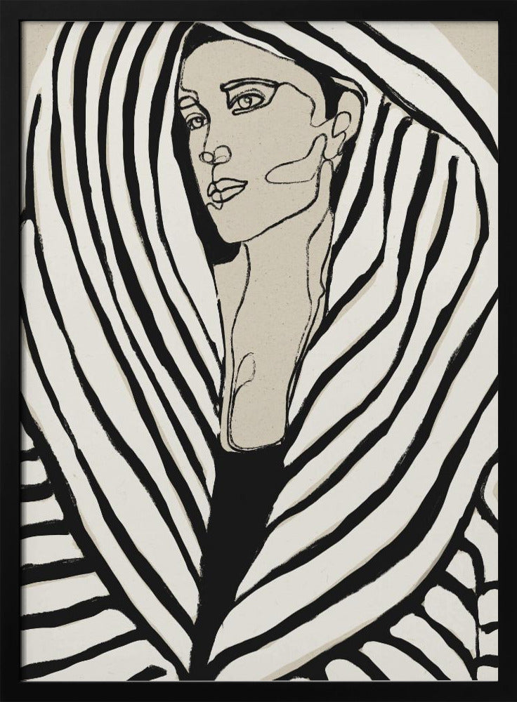 A modern, framed line art portrait of a woman. Her face is rendered in simple black outlines on a beige background, and she is wrapped in a voluminous garment with bold, graphic black and off-white stripes, creating a zebra-like pattern. Wall Art