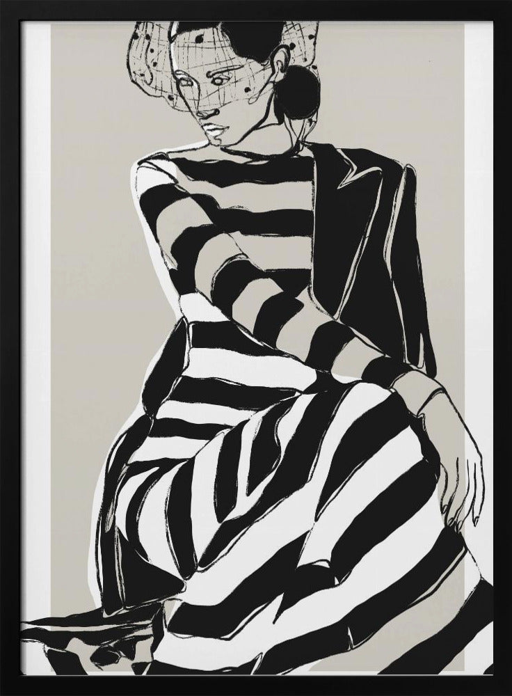 A modern, graphic illustration of a woman in a black and white striped dress and a black blazer. She sits with a pensive expression, wearing a stylish hat with a veil, against a neutral beige background. Wall Art