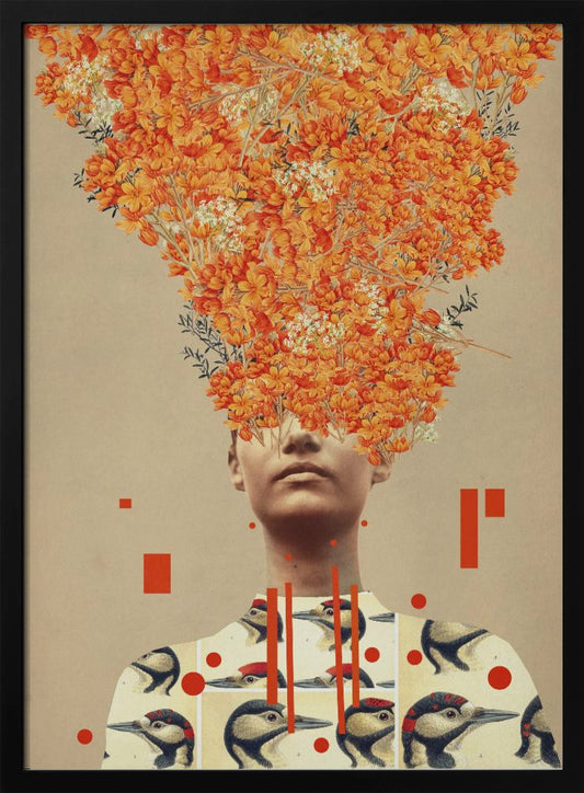 A surrealist collage featuring a portrait of a person whose head is replaced by an explosive bouquet of vibrant orange flowers. The person is wearing a shirt patterned with vintage illustrations of woodpeckers, and the composition is set against a neutral beige background with abstract red geometric shapes. Wall Art