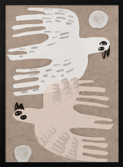 A framed folk-art style illustration featuring two stylized birds on a textured beige background. An off-white bird flies to the right at the top, and a pale pink bird flies to the left at the bottom, with small white circles in the corners. Decor