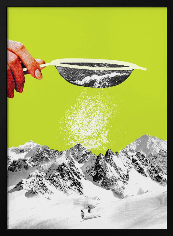 A surrealist pop art collage featuring a hand sifting snow from a sieve onto a black and white photograph of a snowy mountain range with skiers, all set against a vibrant lime green background. Artwork