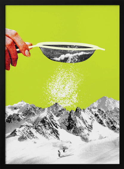 A surrealist pop art collage featuring a hand sifting snow from a sieve onto a black and white photograph of a snowy mountain range with skiers, all set against a vibrant lime green background. Artwork