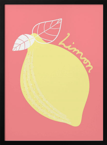 A stylized illustration of a large yellow lemon on a solid pink background. The lemon has two white-outlined leaves, and the word 'Limon' is written in cursive script across the fruit. The artwork is enclosed in a thin black frame. Print