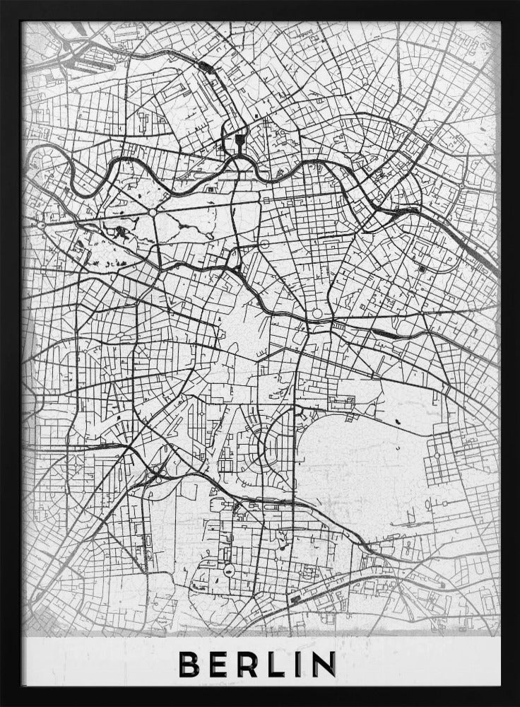 A minimalist black and white poster of a street map of Berlin, Germany. The map's intricate network of roads and waterways is depicted with black lines on a white, slightly textured background. The artwork is enclosed in a simple black frame, with the word 'BERLIN' printed in bold, black capital letters at the bottom center. Wall Art