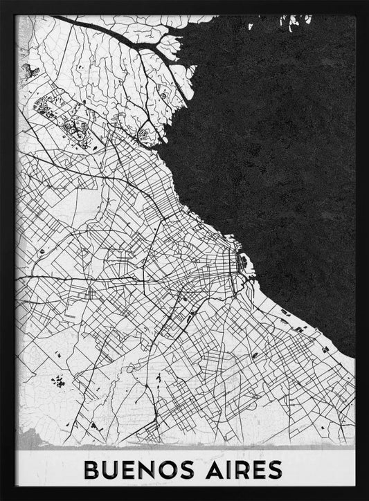 A minimalist black and white map of Buenos Aires, presented as a poster in a black frame. The city's roads and geography are detailed in black lines on a white background, while the adjacent body of water is solid black. The text 'BUENOS AIRES' is displayed at the bottom. Wall Art