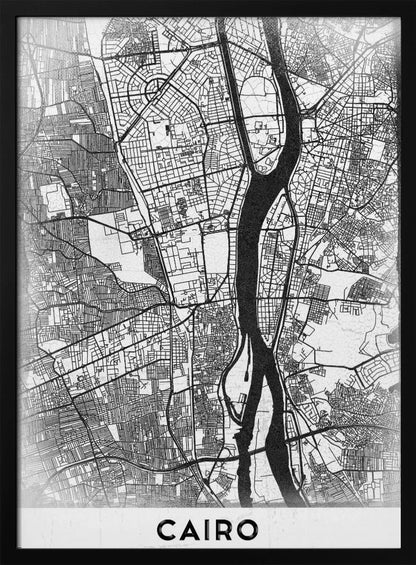 A minimalist black and white framed poster of a street map of Cairo. The Nile River flows vertically through the center of the detailed city grid. The word 'CAIRO' is printed in a bold, black, sans-serif font at the bottom. Decor