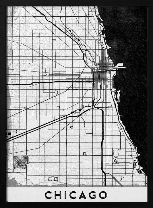 A minimalist black and white map of Chicago, featuring a grid street layout, major thoroughfares, and the shoreline of Lake Michigan. The map has a subtle crackled texture, is enclosed in a black frame, and has the word 'CHICAGO' in capital letters at the bottom. Decor