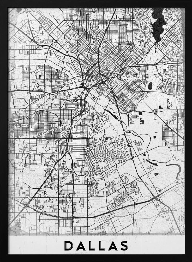 A minimalist black and white street map of Dallas, Texas, presented vertically in a black frame. The intricate network of roads and highways is depicted in black lines on a light gray, textured background, with the city's name 'DALLAS' in bold capital letters at the bottom. Poster