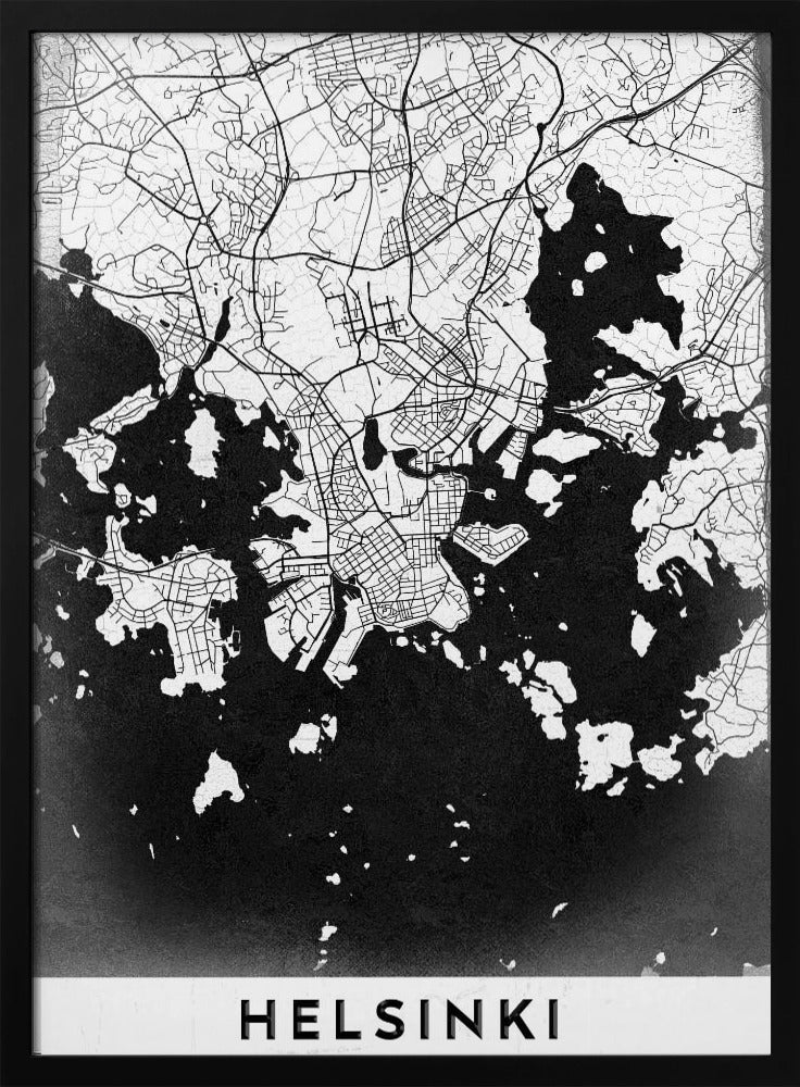A modern black and white map of Helsinki, Finland, presented in a black frame. The city's street grid is detailed in white lines on a textured black background representing the water, creating a high-contrast, minimalist design. The name 'HELSINKI' is printed in bold capital letters at the bottom on a white banner. Artwork