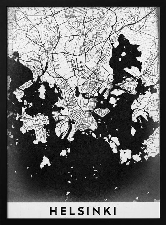A modern black and white map of Helsinki, Finland, presented in a black frame. The city's street grid is detailed in white lines on a textured black background representing the water, creating a high-contrast, minimalist design. The name 'HELSINKI' is printed in bold capital letters at the bottom on a white banner. Artwork
