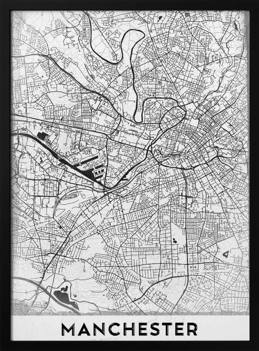 A minimalist black and white street map of Manchester, UK, displayed in a simple black frame. The map details the intricate network of roads and waterways, with the city's name 'MANCHESTER' printed in a bold, modern font at the bottom. Wall Art