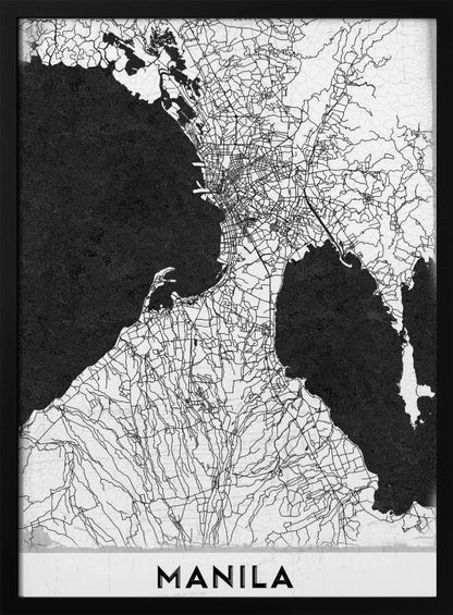 A minimalist black and white map of Manila, Philippines, presented in a black frame. The map showcases the city's intricate road network in black lines on a white landmass, contrasted against textured black bodies of water. The word 'MANILA' is printed in a bold, black sans-serif font at the bottom of the poster. Decor
