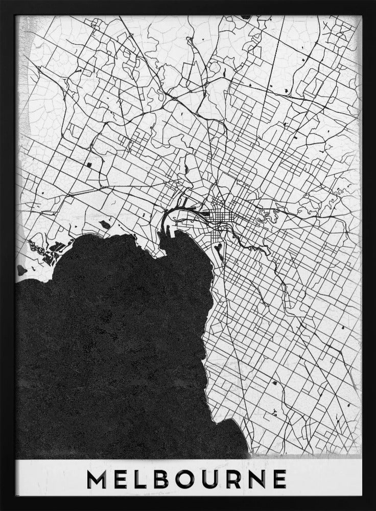A minimalist black and white map of Melbourne, Australia, presented in a black frame. The city's road network is depicted with fine black lines on a textured white background, while the adjacent bay is shown in solid, textured black. The name 'MELBOURNE' is written in a bold, black font at the bottom. Poster