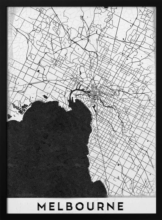 A minimalist black and white map of Melbourne, Australia, presented in a black frame. The city's road network is depicted with fine black lines on a textured white background, while the adjacent bay is shown in solid, textured black. The name 'MELBOURNE' is written in a bold, black font at the bottom. Poster