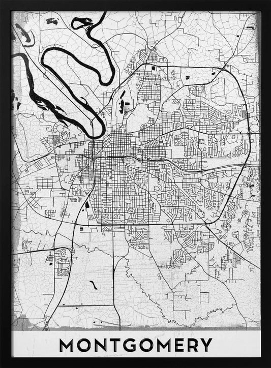 A minimalist black and white street map poster of Montgomery. The design features black lines for roads and a prominent river on a textured white background, all enclosed in a simple black frame. The city's name, 'MONTGOMERY', is displayed at the bottom. Wall Art