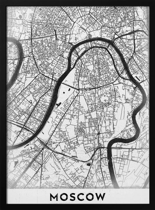 A framed, minimalist black and white street map of Moscow, Russia. The map details the intricate road network and the winding Moskva River. The word 'MOSCOW' is printed in large, black capital letters at the bottom. Print