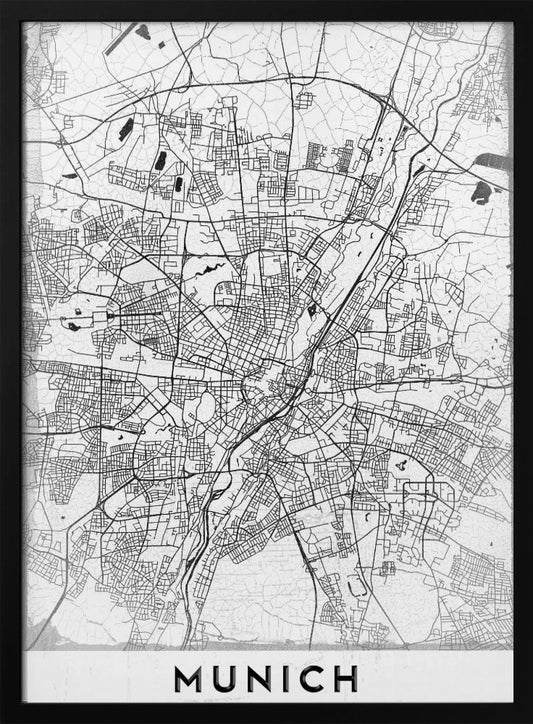 A minimalist black and white street map of Munich, Germany, presented in a thin black frame. The map shows intricate road networks and geographical features on a textured white background, with the word 'MUNICH' in a bold, black, sans-serif font at the bottom. Wall Art