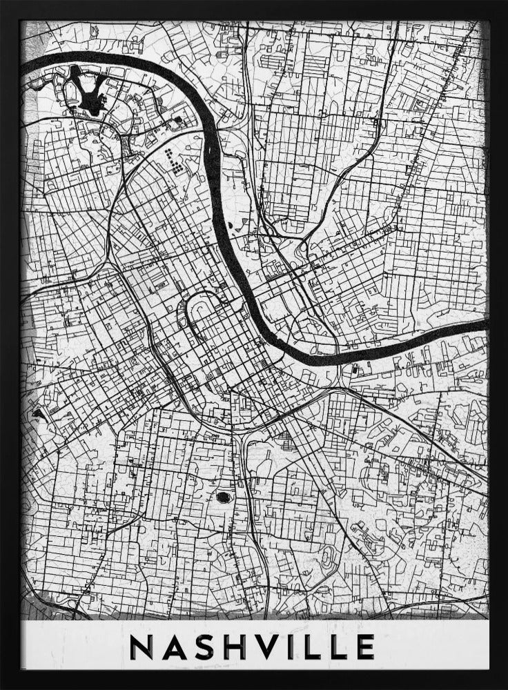 A modern, minimalist black and white street map of Nashville, Tennessee. The map details the city grid and the winding path of the Cumberland River. It is presented within a thick black frame, with the city's name 'NASHVILLE' printed in bold, black, capital letters at the bottom. Poster