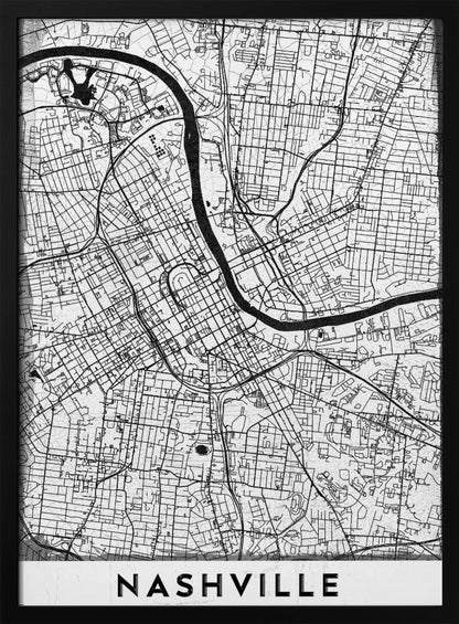 A modern, minimalist black and white street map of Nashville, Tennessee. The map details the city grid and the winding path of the Cumberland River. It is presented within a thick black frame, with the city's name 'NASHVILLE' printed in bold, black, capital letters at the bottom. Poster