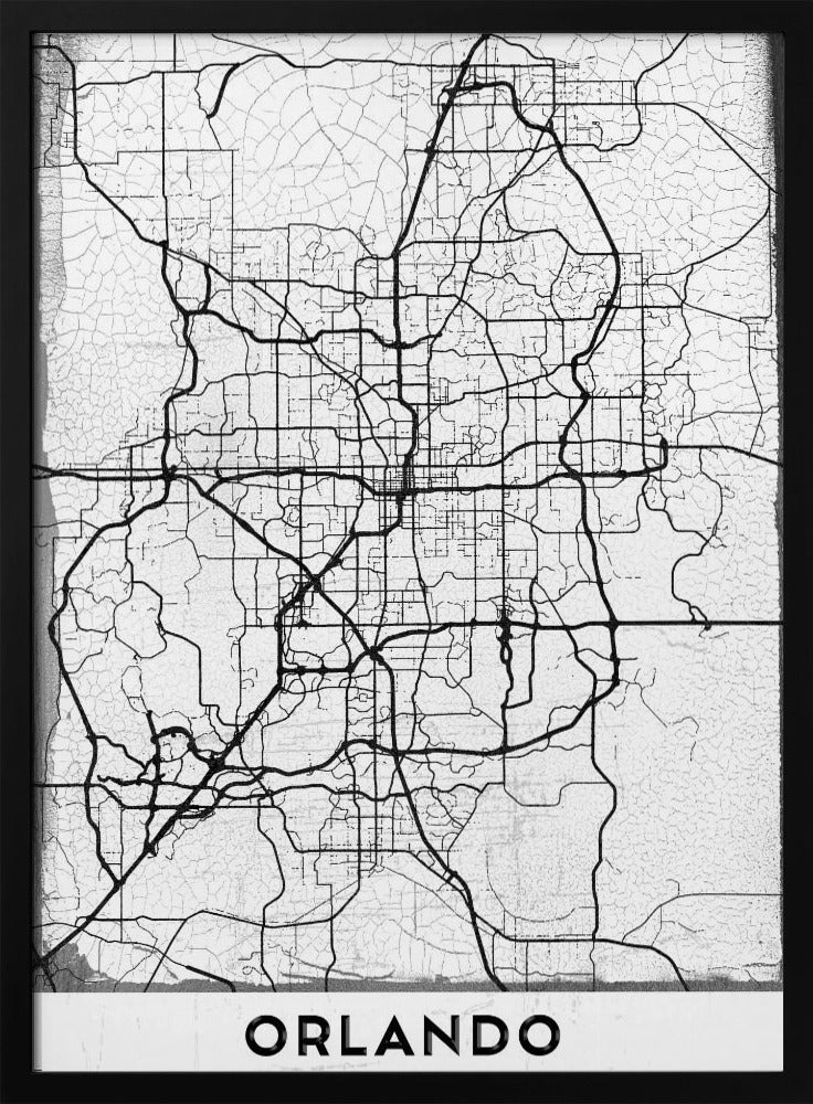 A minimalist black and white street map of Orlando, Florida, displayed in a black frame. The map consists of black lines representing the city's road network on a distressed, crackled white background. At the bottom, the word 'ORLANDO' is printed in a bold, black, sans-serif font on a white banner. Poster