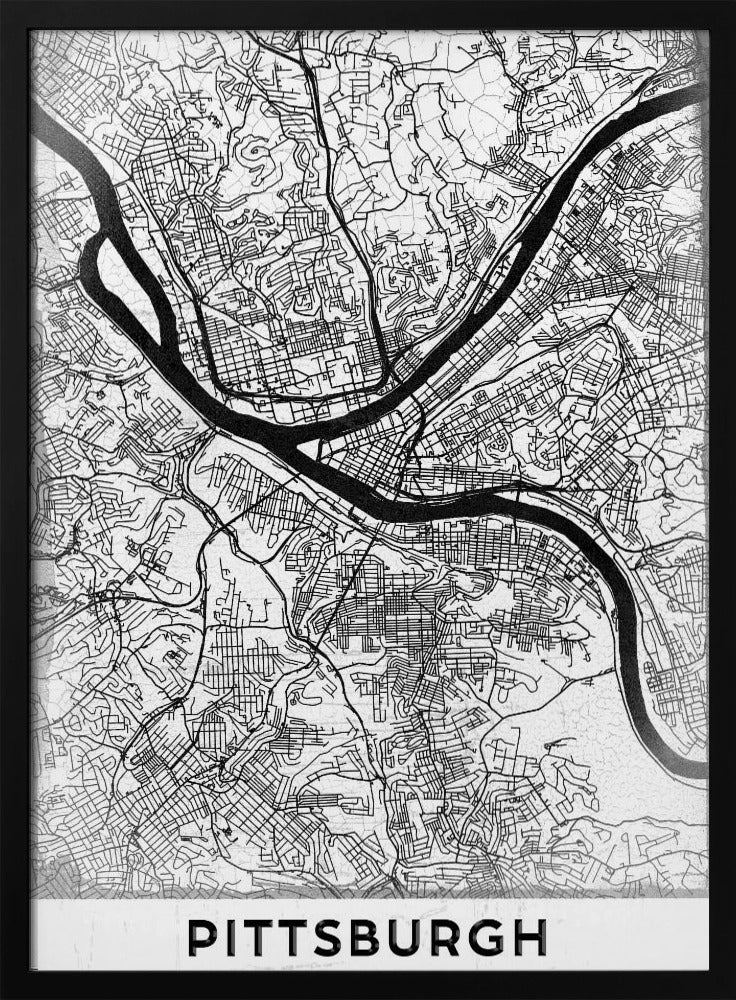 A minimalist black and white map of Pittsburgh, Pennsylvania, in a black frame. The map details the city's streets and the confluence of the Allegheny, Monongahela, and Ohio rivers. The word 'PITTSBURGH' is printed in a bold, sans-serif font at the bottom. Decor
