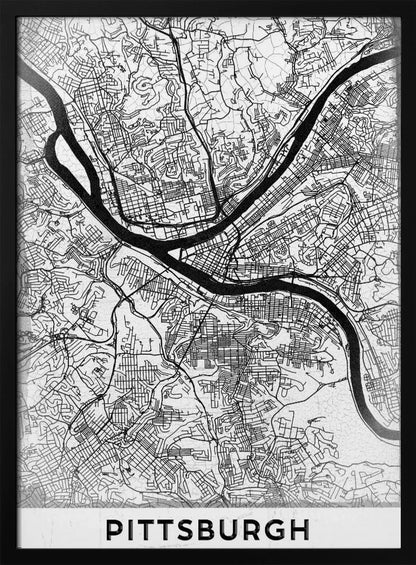 A minimalist black and white map of Pittsburgh, Pennsylvania, in a black frame. The map details the city's streets and the confluence of the Allegheny, Monongahela, and Ohio rivers. The word 'PITTSBURGH' is printed in a bold, sans-serif font at the bottom. Decor