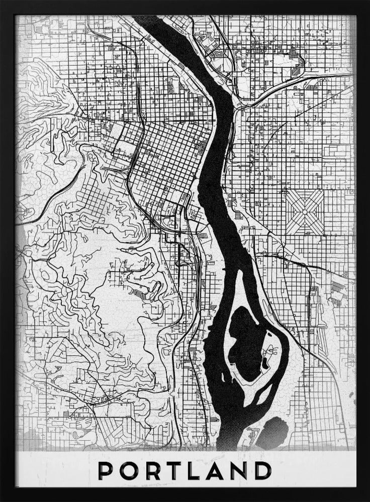 A framed, black and white street map of Portland, Oregon. The map is stylized with black lines for streets on a textured white background, and the Willamette River is depicted in solid black. The word 'PORTLAND' is written in a bold, black, sans-serif font at the bottom. Decor