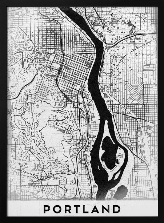 A framed, black and white street map of Portland, Oregon. The map is stylized with black lines for streets on a textured white background, and the Willamette River is depicted in solid black. The word 'PORTLAND' is written in a bold, black, sans-serif font at the bottom. Decor