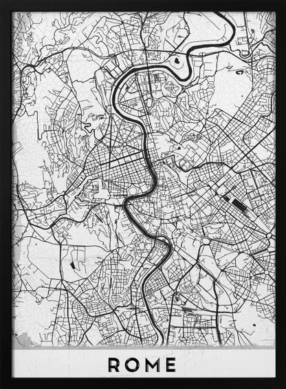 A minimalist black and white art print of a street map of Rome, Italy. The map shows the winding Tiber River flowing through the dense grid of city streets. The poster has a simple black frame and the word 'ROME' is printed in a bold, sans-serif font at the bottom. Print