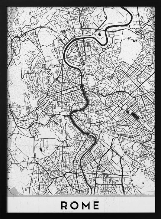 A minimalist black and white art print of a street map of Rome, Italy. The map shows the winding Tiber River flowing through the dense grid of city streets. The poster has a simple black frame and the word 'ROME' is printed in a bold, sans-serif font at the bottom. Print