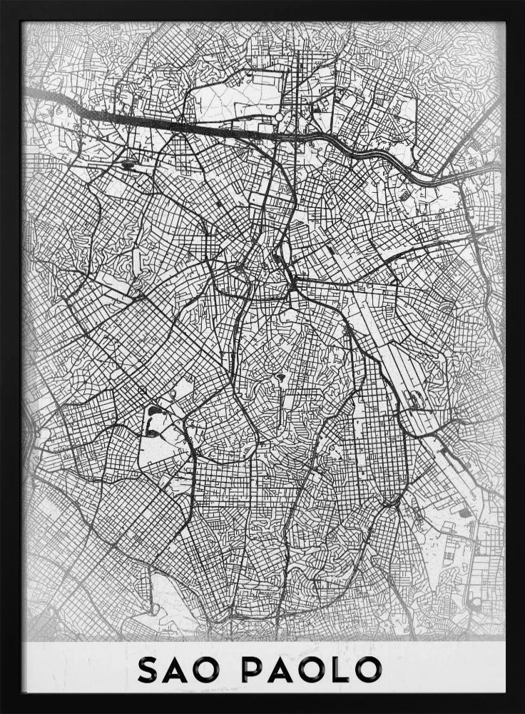 A minimalist black and white map of Sao Paolo, showcasing the intricate network of city streets and highways. The poster is enclosed in a simple black frame and features the city's name 'SAO PAOLO' in bold capital letters at the bottom. Artwork