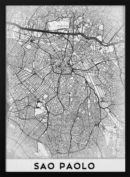 A minimalist black and white map of Sao Paolo, showcasing the intricate network of city streets and highways. The poster is enclosed in a simple black frame and features the city's name 'SAO PAOLO' in bold capital letters at the bottom. Artwork