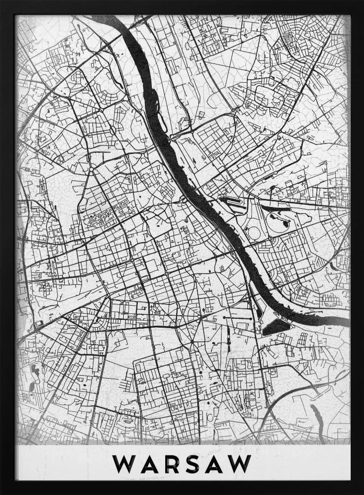 A minimalist black and white street map of Warsaw, Poland, displayed in a black frame. The map details the intricate network of roads and the Vistula River, with the city's name 'WARSAW' printed in a bold, black, sans-serif font at the bottom. Print