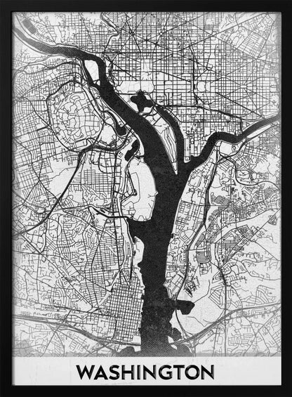 A modern, minimalist black and white map of Washington, D.C., presented as a framed poster. The Potomac and Anacostia rivers are shown in solid black, contrasting with the intricate thin black lines of the city's street grid on a white textured background. The word 'WASHINGTON' is centered at the bottom in bold black text. Artwork