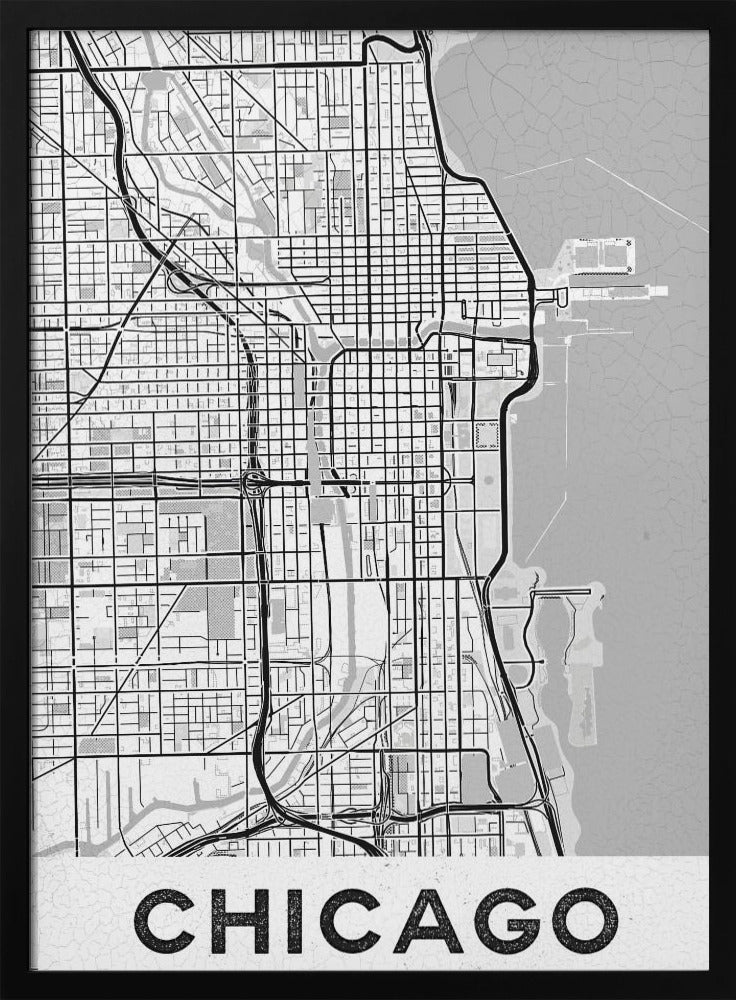A minimalist black and white map of Chicago, presented vertically. The map shows the city's grid system, highways, and waterways, with Lake Michigan to the right. The word 'CHICAGO' is in a bold, sans-serif font at the bottom, all enclosed within a thin black frame. Poster