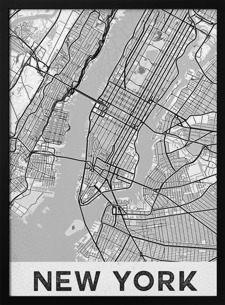 A modern, black and white map poster of New York City, featuring a detailed street grid of Manhattan and surrounding boroughs. The poster has a clean, minimalist design and is labeled 'NEW YORK' in bold capital letters at the bottom, all enclosed in a simple black frame. Poster