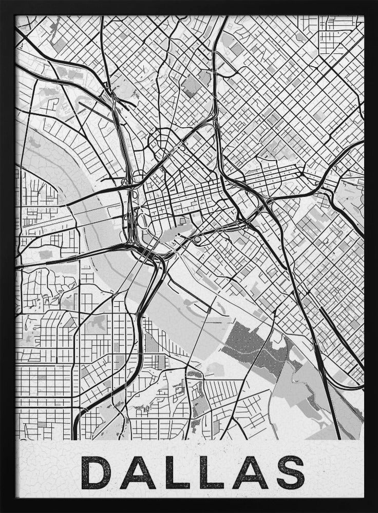A modern, minimalist black and white map of Dallas, Texas, framed in black. The map shows a detailed network of roads, highways, and a river, with the city name 'DALLAS' in large, bold letters at the bottom. Wall Art