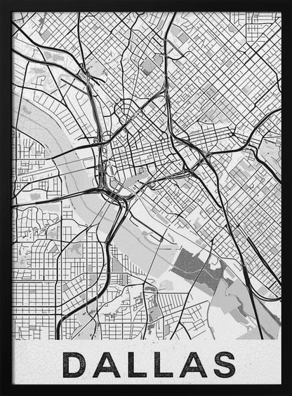 A modern, minimalist black and white map of Dallas, Texas, framed in black. The map shows a detailed network of roads, highways, and a river, with the city name 'DALLAS' in large, bold letters at the bottom. Wall Art
