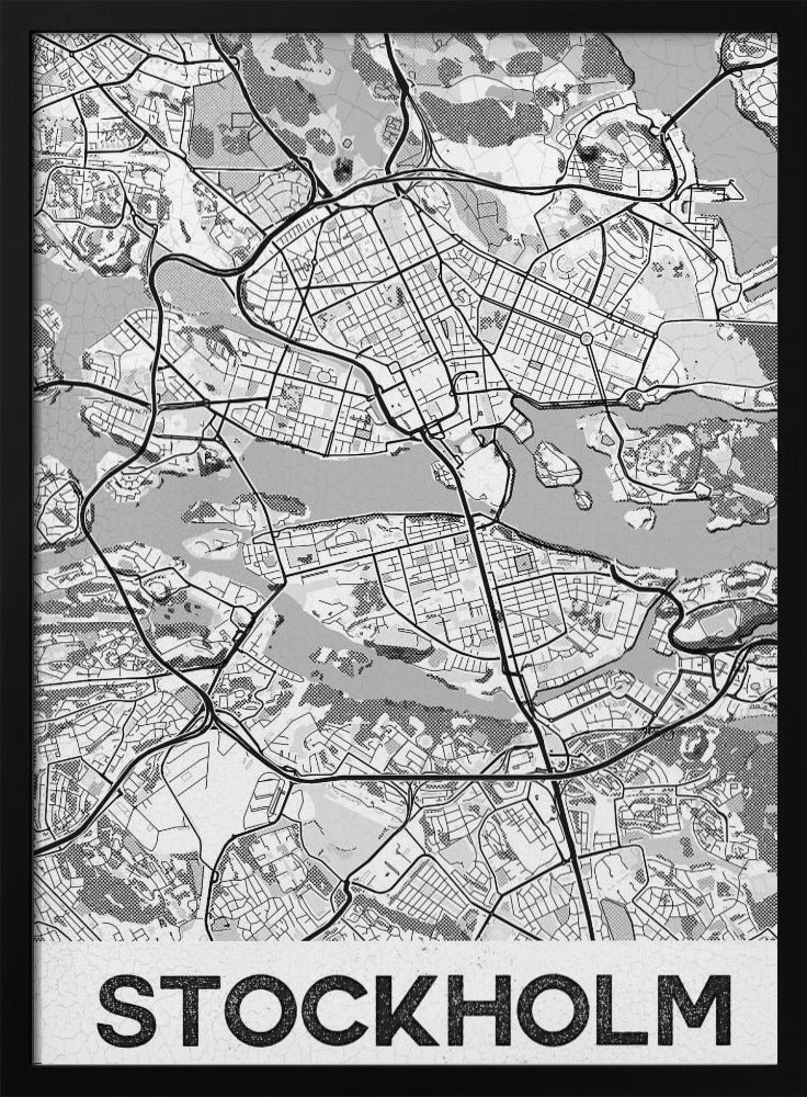 A modern, black and white framed map of Stockholm, Sweden. The minimalist design highlights the city's intricate network of streets, islands, and waterways. The name 'STOCKHOLM' is printed in large, bold, black font at the bottom. Decor